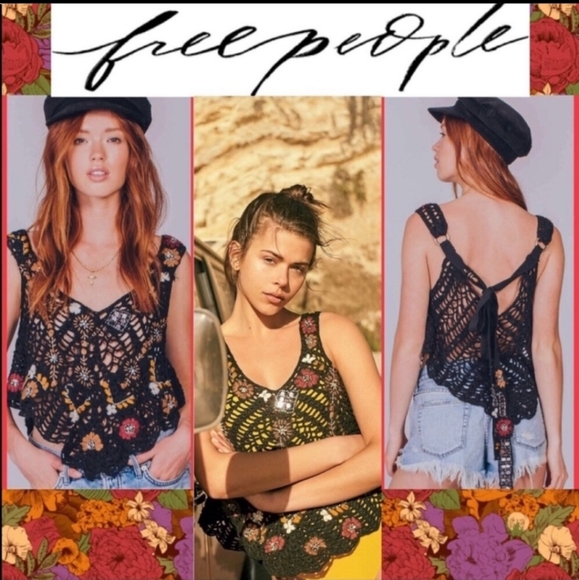 FREE PEOPLE Last Rose Embroidered Crocheted Boho Festival Top NEW - Picture 2 of 13